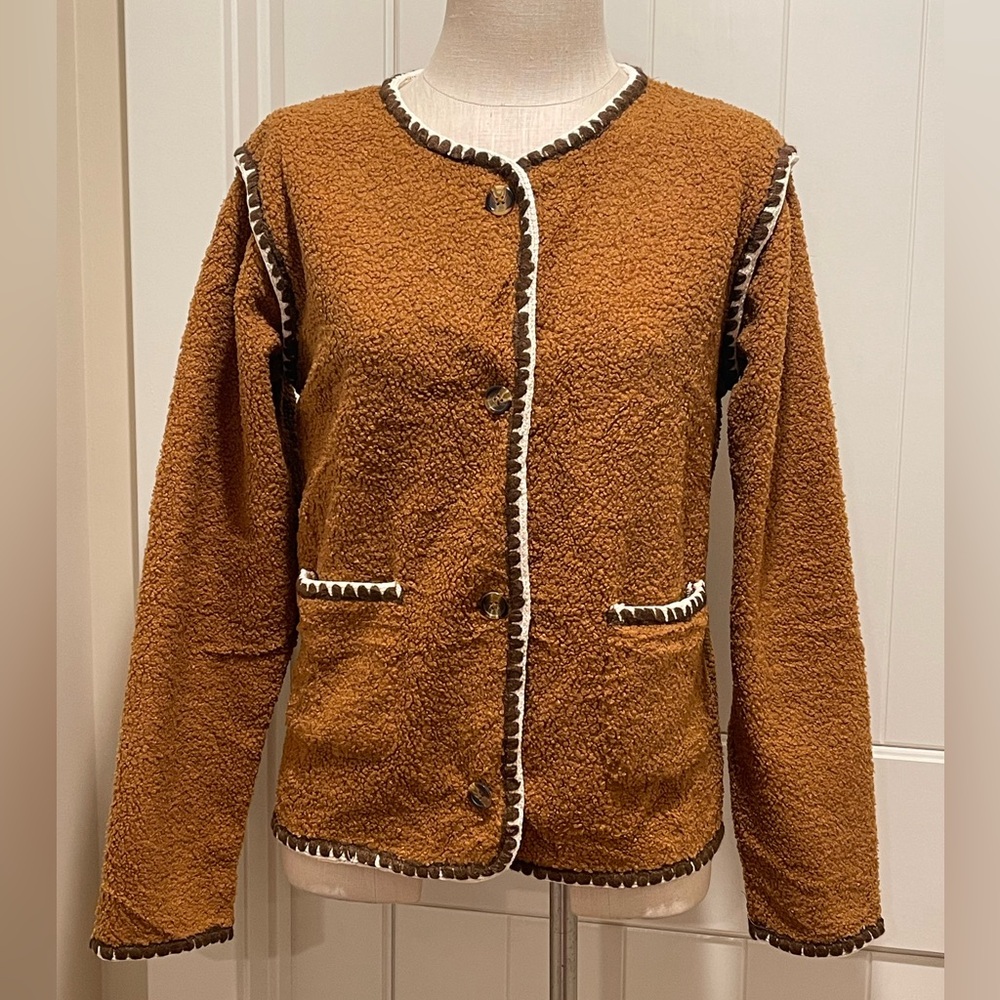 NWT Brown Sherpa Jacket with Cream Whipstitch Trim. Velvet Lined and Two Pockets